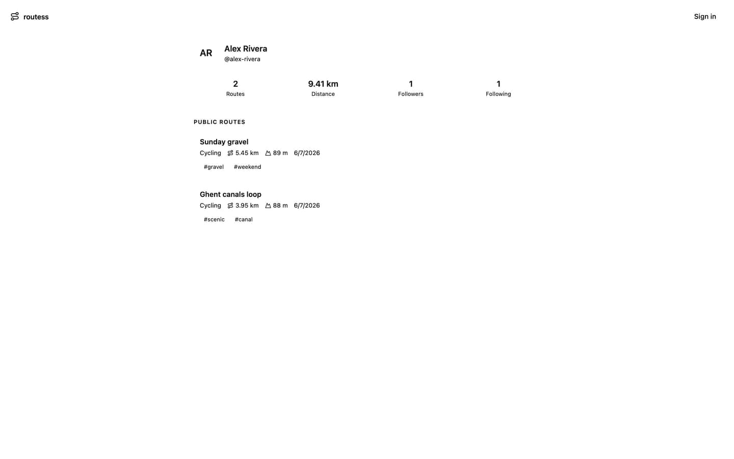 A public profile page with stats, follower counts, and public routes