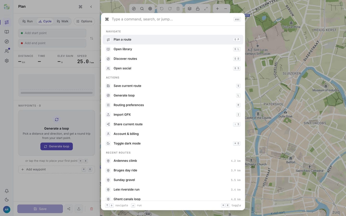 The command palette opened with navigate, action, and recent-route entries