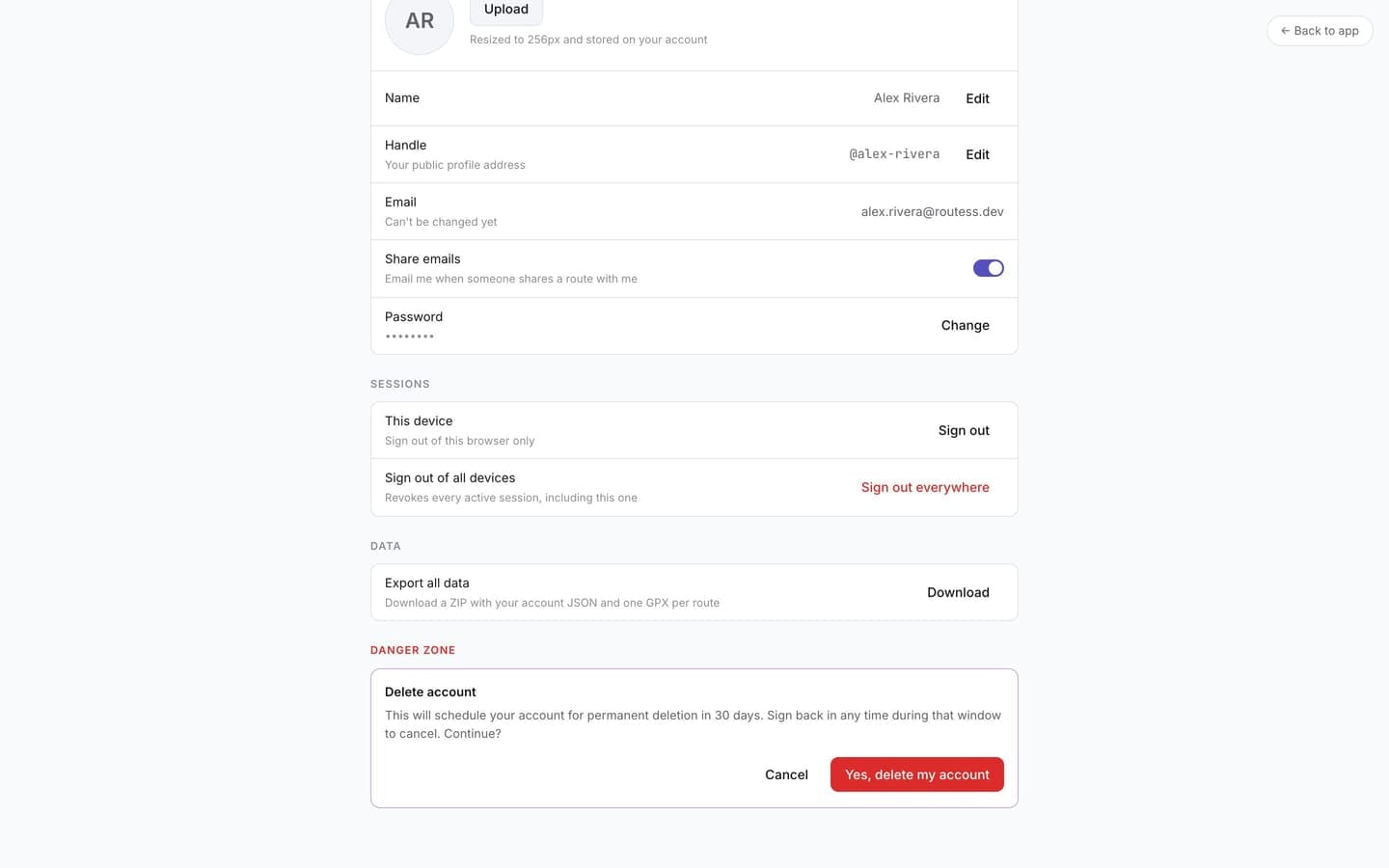 The delete-account confirmation in the account Danger zone