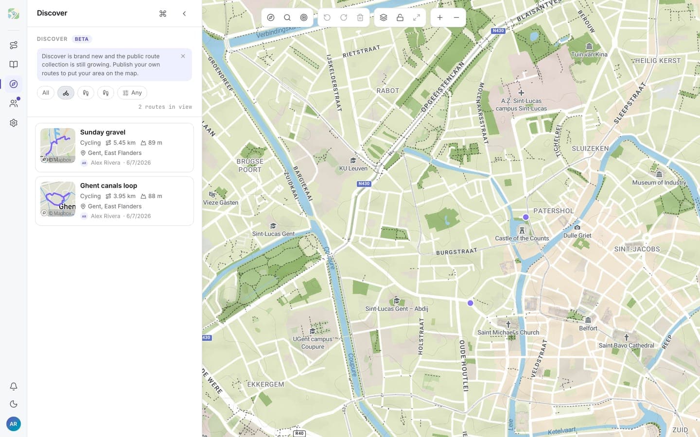 Discover with community route cards for the visible map area