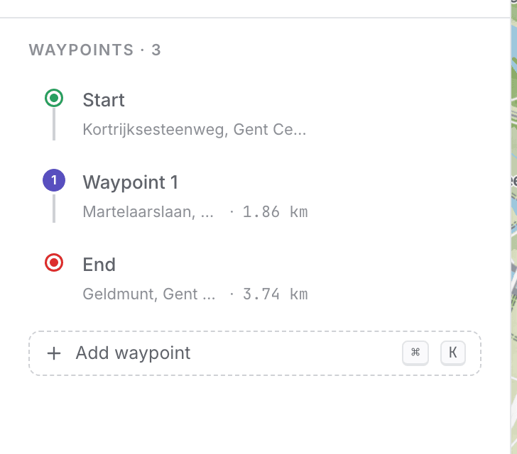 The waypoint list in the sidebar with drag handles