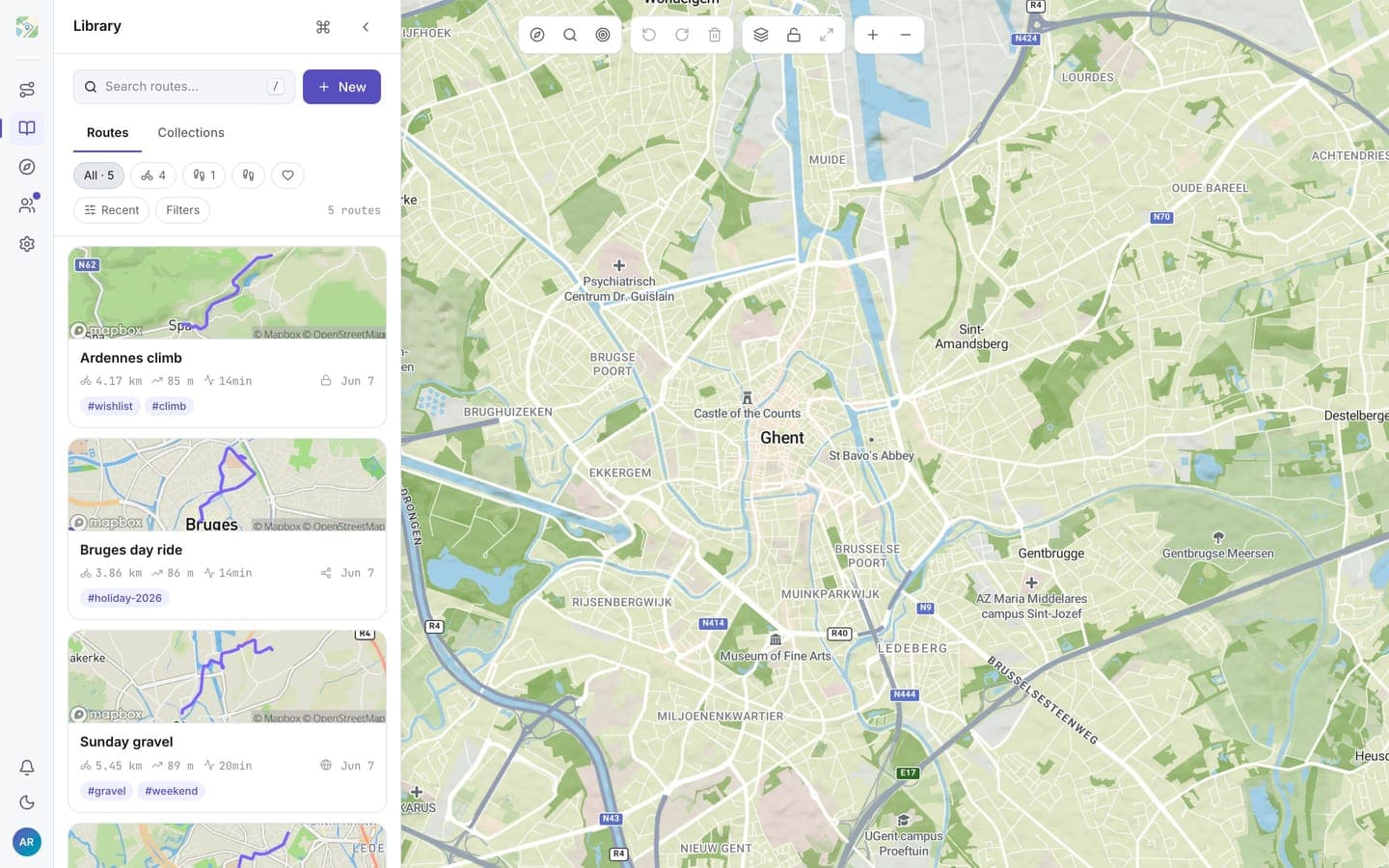 The library Routes tab with route cards, activity chips, and filters