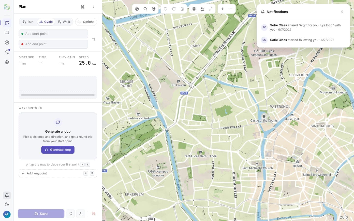 The notification center with new follower and shared-route entries