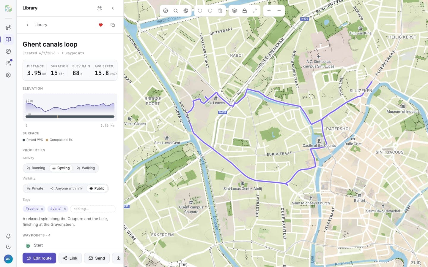 Der Detailbereich einer gespeicherten Route mit Statistiken, Höhenprofil, Eigenschaften und Aktionen