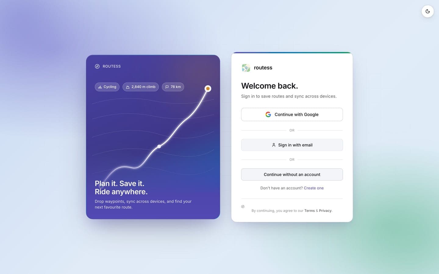 The routess sign-in screen with Google, email, and anonymous options